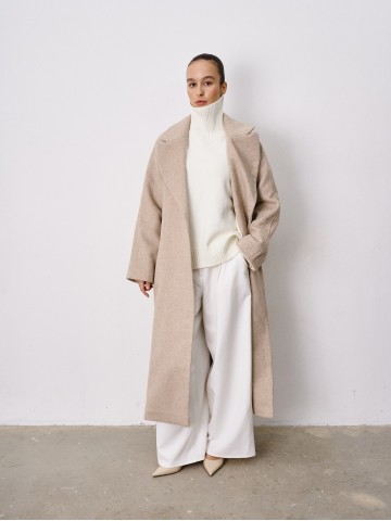 Двобортне довге пальто вільного крою, бежева діагональ Двобортне довге пальто вільного крою, бежева діагональ