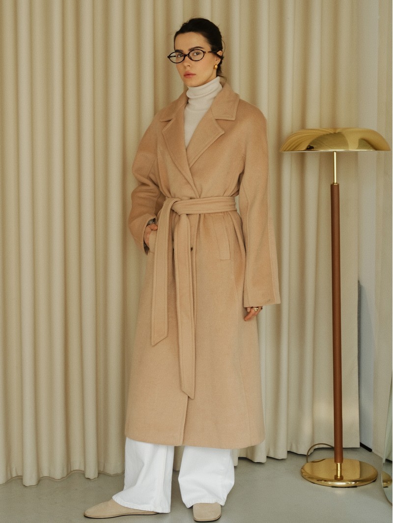 Довге пальто з цільнокроєним рукавом на ґудзиках, бежевий