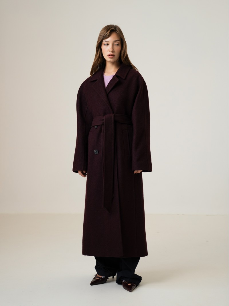 Довге пальто з цільнокроєним рукавом на ґудзиках, бордо
