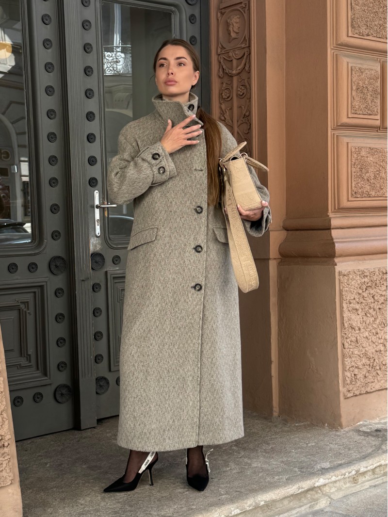 Пальто з високим коміром, бежева ялинка