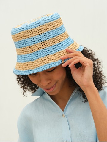 Панама з рафії у блакитно-бежеву смужку Панама з рафії у блакитно-бежеву смужку