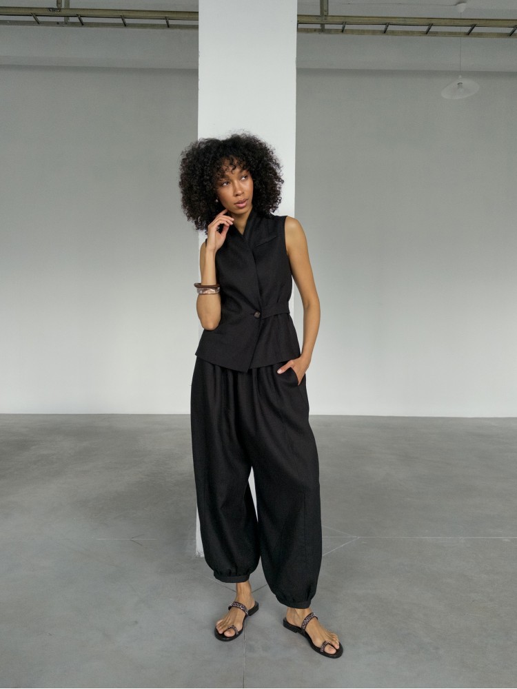 Лляний жилет з шалевим коміром, чорний