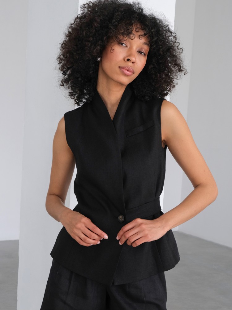 Лляний жилет з шалевим коміром, чорний