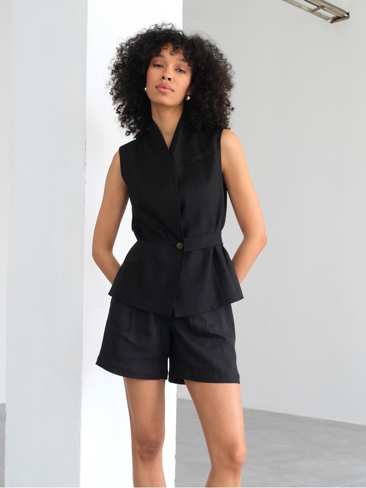 Лляний жилет з шалевим коміром, чорний