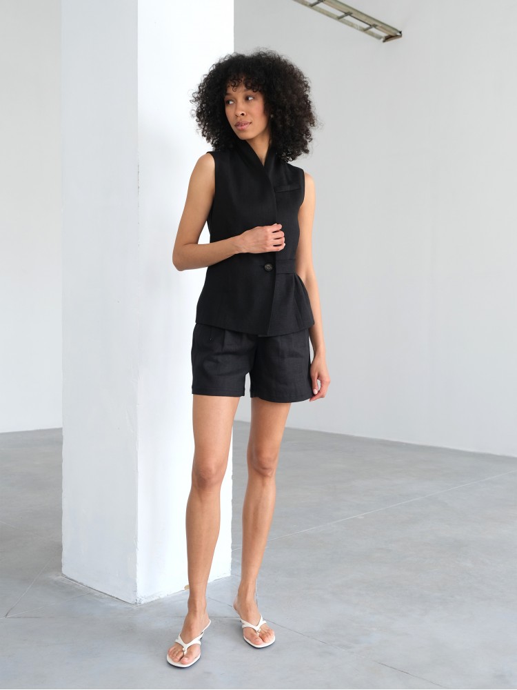 Лляний жилет з шалевим коміром, чорний