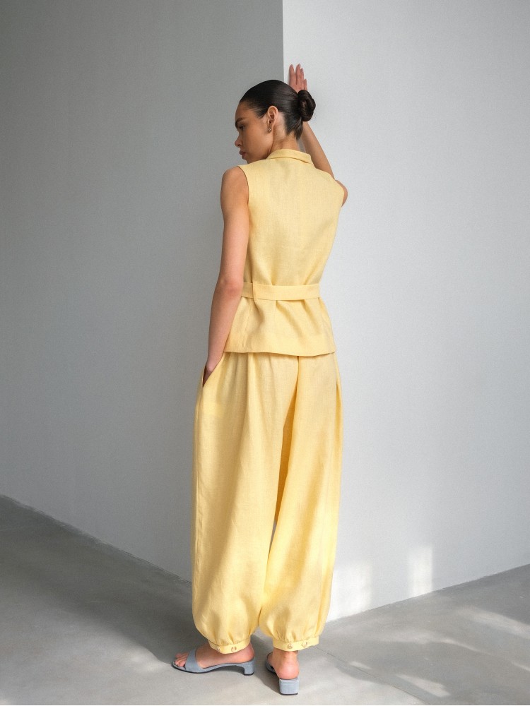 Лляний жилет з шалевим коміром, жовтий