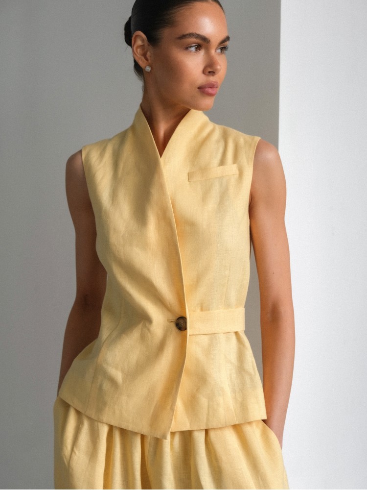 Лляний жилет з шалевим коміром, жовтий