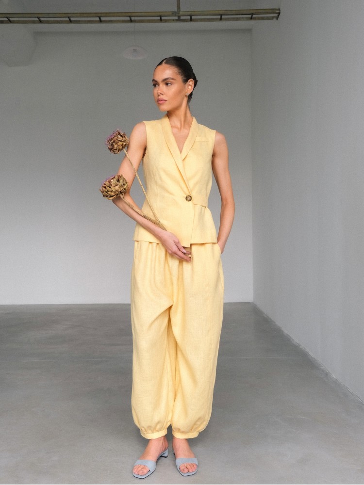 Лляний жилет з шалевим коміром, жовтий