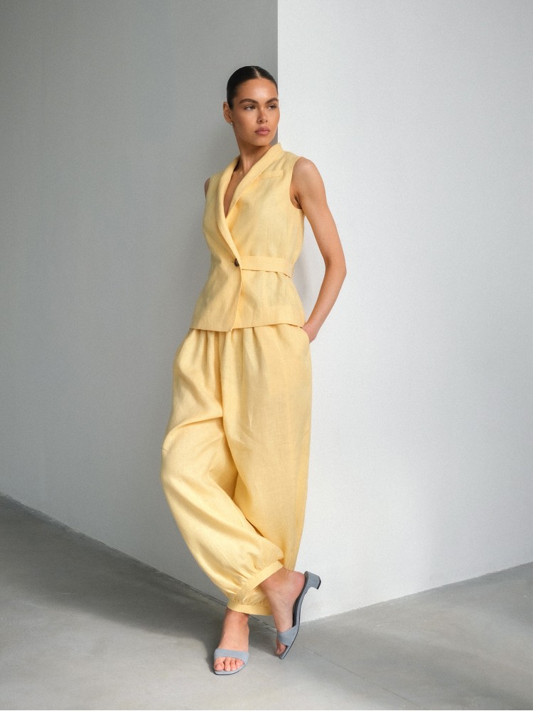 Лляний жилет з шалевим коміром, жовтий