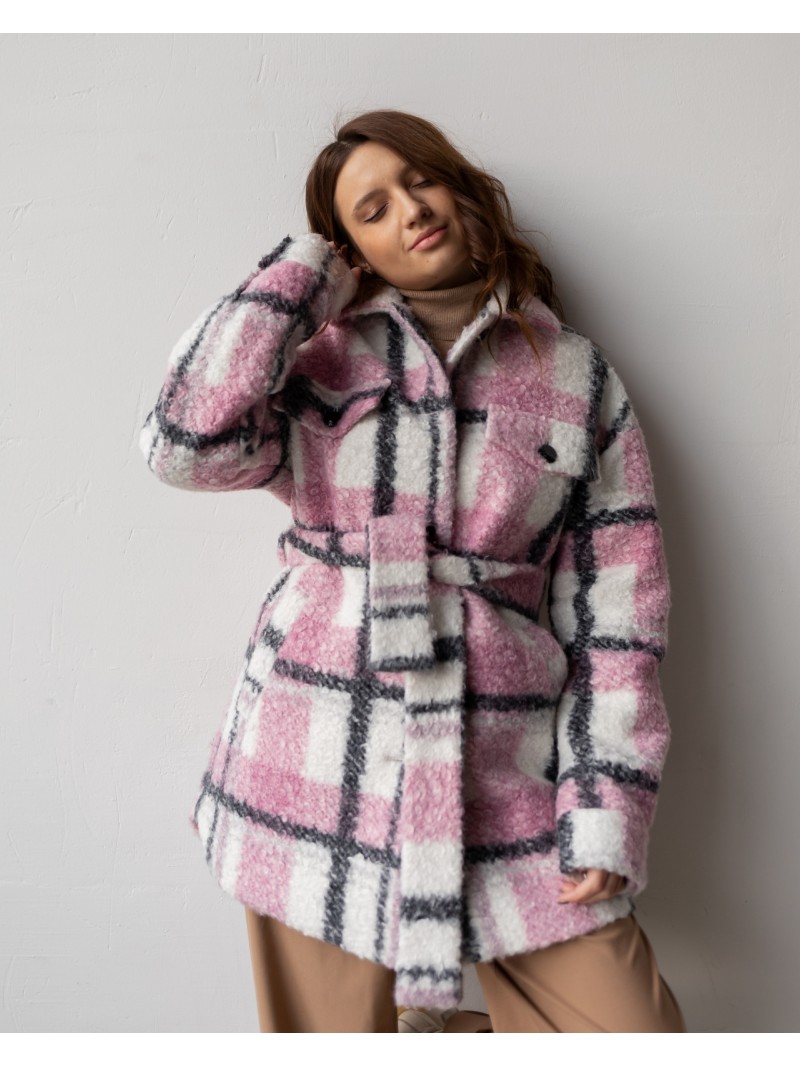 Вовняна пальто-сорочка, світле у рожеву клітинку