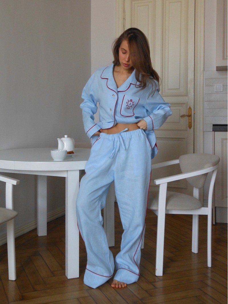Лляні піжамні штани, блакитні