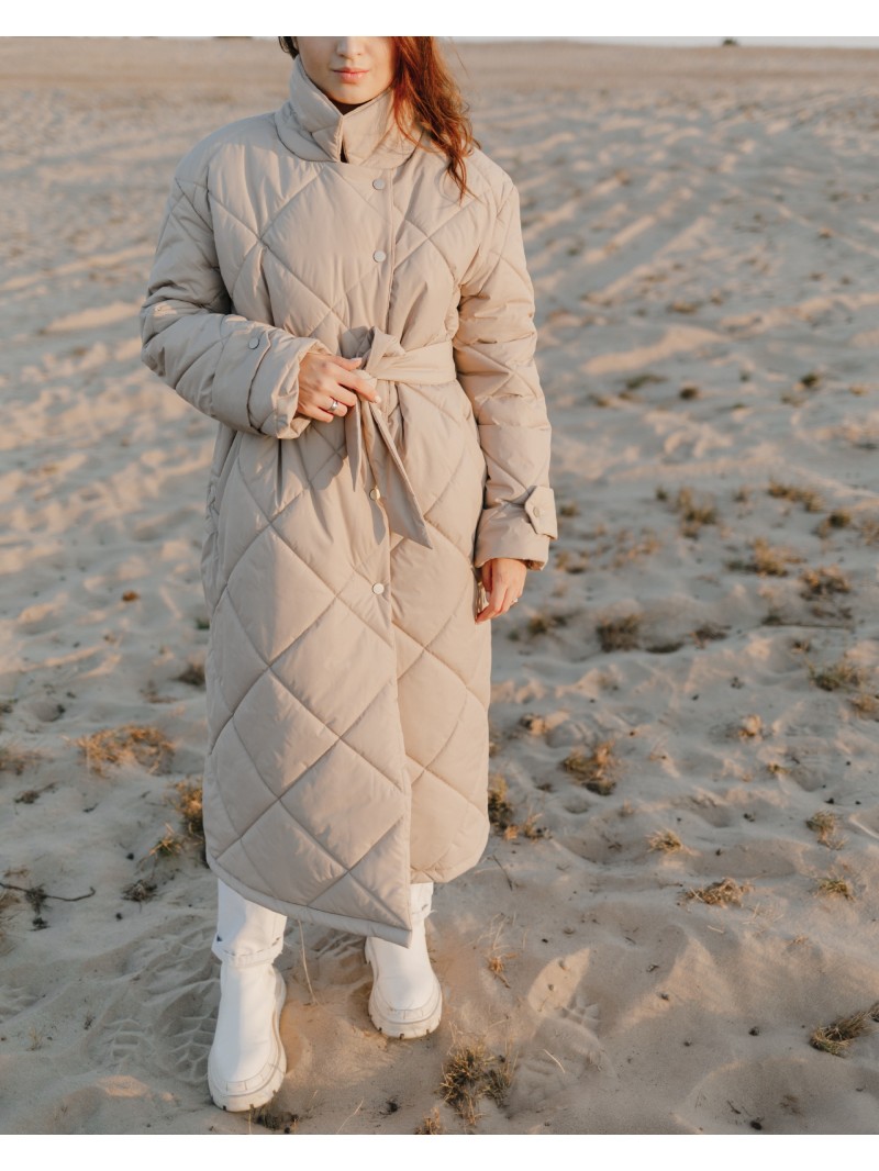 Стьобане пальто-пуховик, бежевий