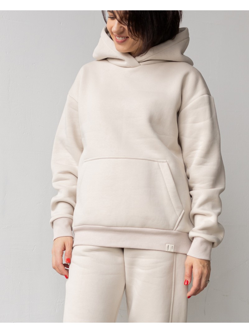 Толстовка худі з капюшоном у бежевому кольорі. Трикотажний спортивний костюм