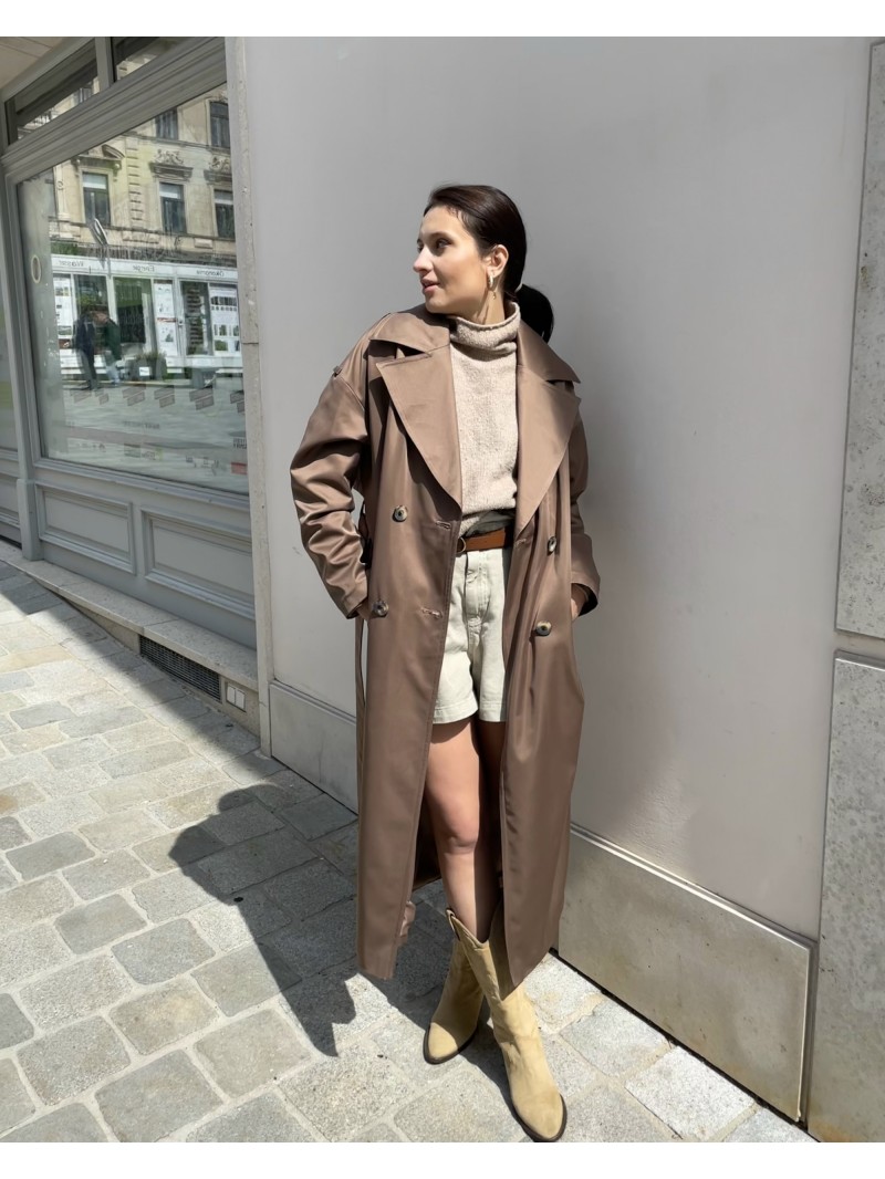 Довгий тренч з поясом, какао
